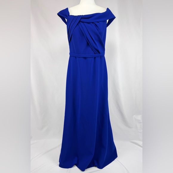 Theia Twist Front Crepe Gown Royal Blue Off Shoulder Evening Dress Size 10 - Picture 3 of 11
